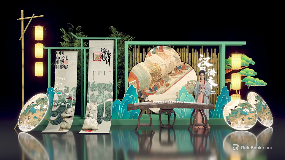 Elegant Oriental Han Culture Photo Check In Spot With Hanfu Guzheng Landscape Scroll And Lanterns 3d model 