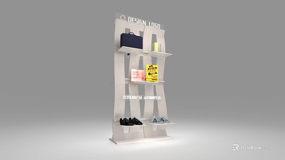 Modern Retail Display Rack With DESIGN VISA Logo Black Bag Shoes And Yellow Sign 3d model 