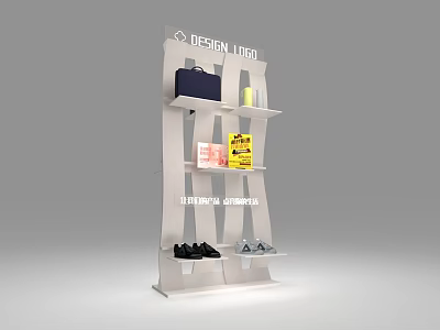 Modern Retail Display Rack With DESIGN VISA Logo Black Bag Shoes And Yellow Sign 3d model