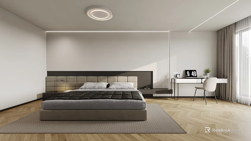 Modern Minimalist Bedroom Interior Design With Upholstered Headboard Round Ceiling Light And Herringbone Floor 3d model 