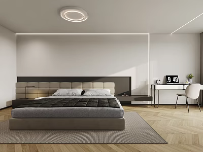 Modern Minimalist Bedroom Interior Design With Upholstered Headboard Round Ceiling Light And Herringbone Floor 3d model