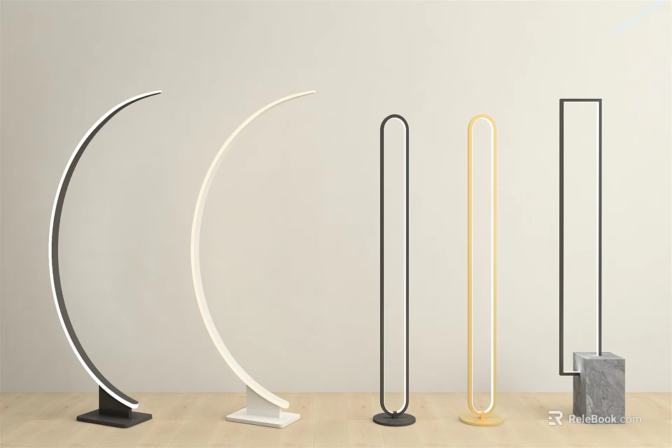 Modern Floor Lamps With Curved And Rectangular Shapes White Black Gold Colors 3d model 