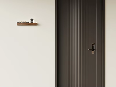 Dark Brown Security Door With Vertical Stripes And Wooden Shelf Decorations 3d model