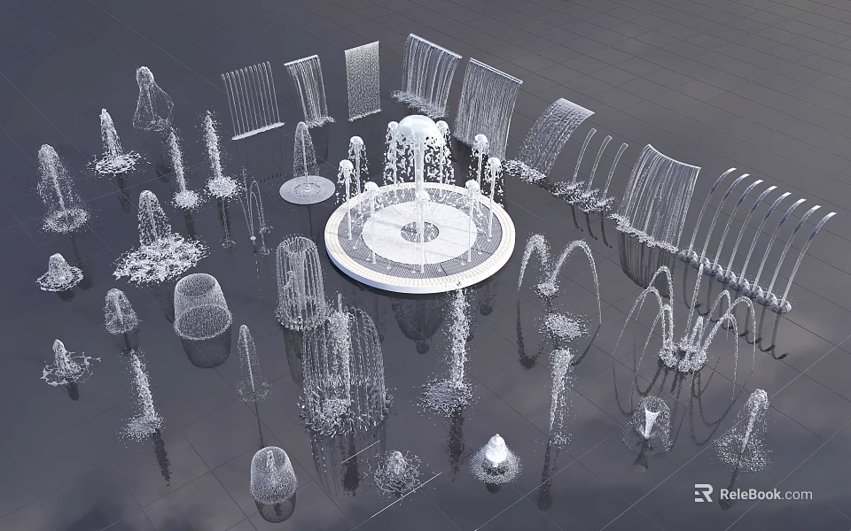 Modern Garden Ornaments With Water Fountains Circular Centerpiece And Various Shaped Sprinklers 3d model 