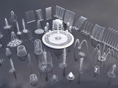 Modern Garden Ornaments With Water Fountains Circular Centerpiece And Various Shaped Sprinklers 3d model