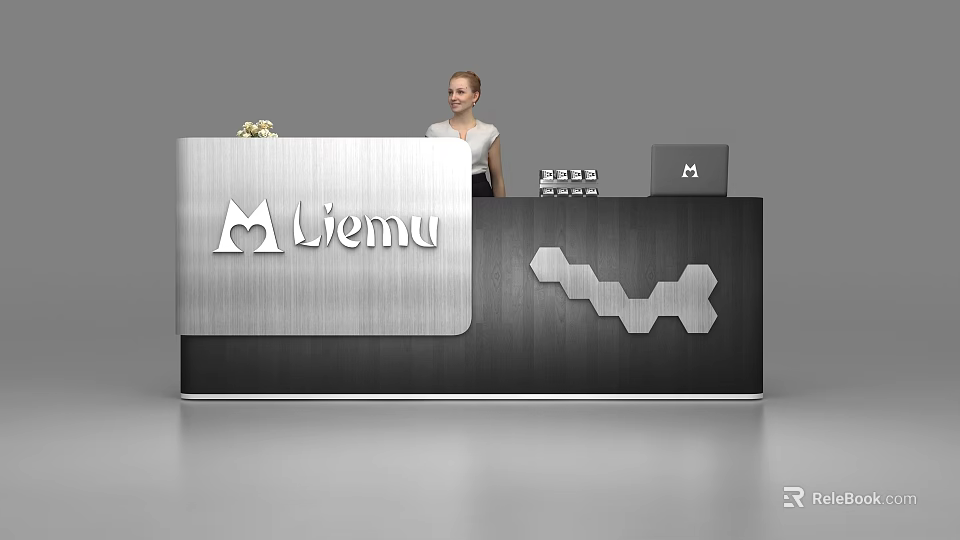 Modern Liemu Reception Desk With Metallic Surface Geometric Pattern Small Flower Arrangement And Receptionist 3d model 