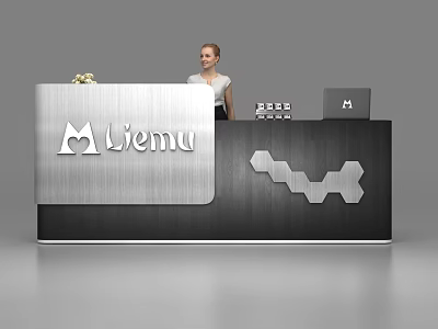 Modern Liemu Reception Desk With Metallic Surface Geometric Pattern Small Flower Arrangement And Receptionist 3d model