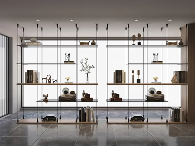 Spacious Modern Study Room Interior With Glass Shelves And Decorative Book Displays 3d model