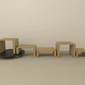 Beige Stools Various Shapes Square Curved in Light Colored Space with Black Round Small Table