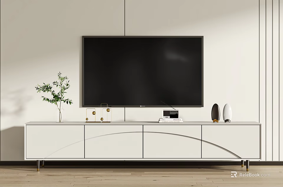 Modern White TV Stand With Storage Cabinets Flat Screen TV Green Plant And Decorative Items 3d model 