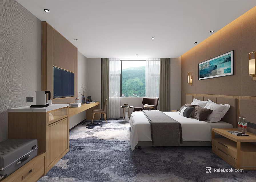 Modern Hotel Guest Room With King Bed Wall Mounted TV And Mountain View Window 3d model 