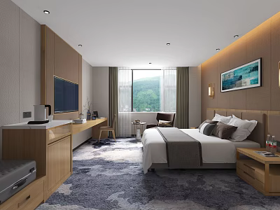 Modern Hotel Guest Room With King Bed Wall Mounted TV And Mountain View Window 3d model
