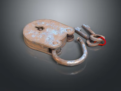 Rusty Old Metal Door Handle With Keys On Dark Reflective Background 3d model
