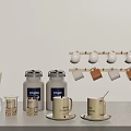 Modern Kitchenware Storage With Hanging Mugs Glass Jars And Countertop Setup 3d model