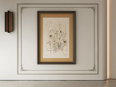 Abstract Framed Painting Artwork With Ornate Border Hanging On White Wall Interior 3d model