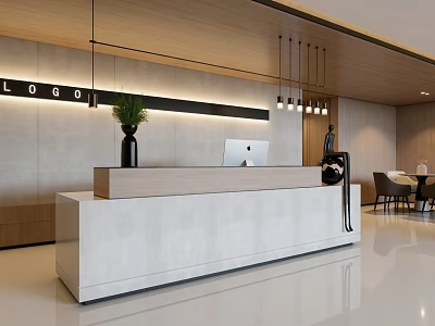 Modern Hotel Lobby Interior With Reception Desk LOGO Wall Hanging Lights And Green Plant 3d model