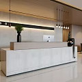 Modern Hotel Lobby Interior With Reception Desk LOGO Wall Hanging Lights And Green Plant