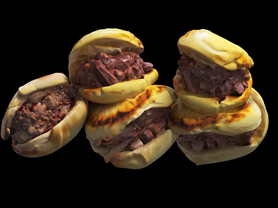 Five Stacked Chinese Hamburgers With Golden Brown Buns And Red Meat Filling 3d model
