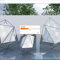 Three Geometric Metal Frame Sculptures With Mesh Design Outdoor Featuring Trees And Reflective Ground