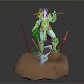 Warrior Woman with Red Hair in Armor Standing on Pedestal With Skull and Weapons