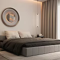 Modern Minimalist Bedroom Interior With Gray Bed Round Mirror Dark Wardrobe And Light Curtains