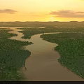 Scenic Sunset Over Vast River Wetlands With Lush Green Trees And Rolling Hills