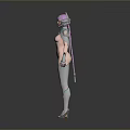 Futuristic Sci Fi Character With Purple Ears And Silver Blue Metallic Suit
