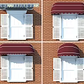 Stylish Window Awnings with Striped and Curved Designs Over Red Brick Wall
