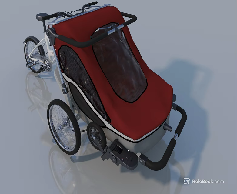 Red Bicycle Trailer With Transparent Canopy Comfortable Seat And Black Frame Design 3d model 