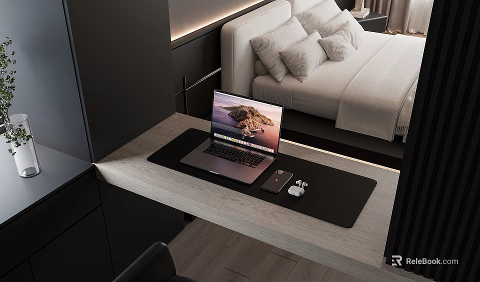 Modern Laptop On Wooden Desk With Mouse And Mouse Pad In Bedroom 3d model 