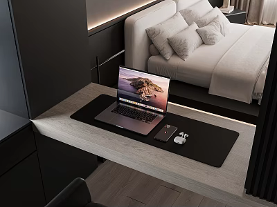Modern Laptop On Wooden Desk With Mouse And Mouse Pad In Bedroom 3d model