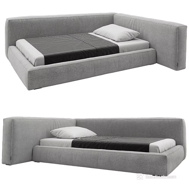 Sleek Modern Gray Double Bed Frame With Mattress And White Pillows 3d model 