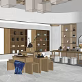 Traditional Style Specialty Store Interior With Wooden Shelves Display Counters Tables And Lighting