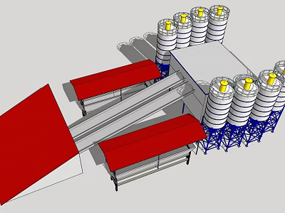 Industrial Equipment Configuration Featuring Concrete Silos Red Conveyors And Production Structures 3d model