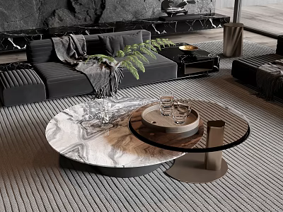 Modern Round Coffee Table With Marble Top Double Tiered Metal Base And Glass Cups 3d model