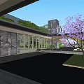 Contemporary Commercial Street Landscape With Glass Facade Reflecting Pool And Cherry Blossom Tree