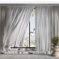 Layered Sheer And Solid Curtains In Neutral Tones With Natural Light And Indoor Plant