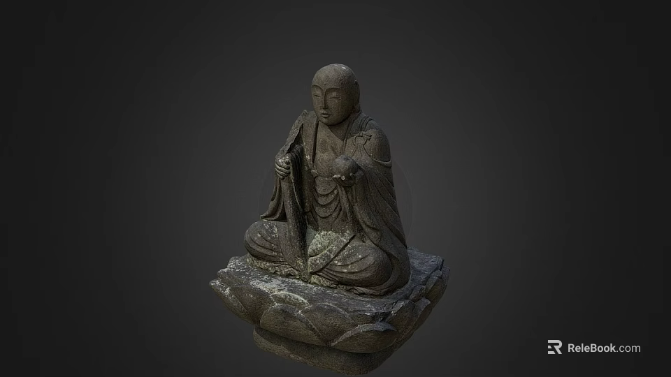 Detailed Carved Stone Sculpture of Seated Figure on Lotus Base Holding Staff 3d model 