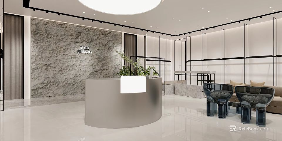 Modern Clothing Store Interior With Curved Reception Desk Marble Wall And Green Plants 3d model 