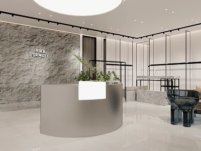 Modern Clothing Store Interior With Curved Reception Desk Marble Wall And Green Plants 3d model