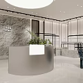 Modern Clothing Store Interior With Curved Reception Desk Marble Wall And Green Plants