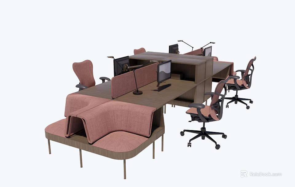 Modern Office Desk Setup With Ergonomic Chairs Computer Monitors And Sofa Seats 3d model