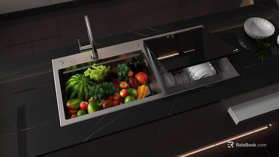 Modern Kitchen Sink Area With Fresh Fruits Vegetables And Black Countertop 3d model 
