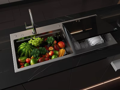 Modern Kitchen Sink Area With Fresh Fruits Vegetables And Black Countertop 3d model