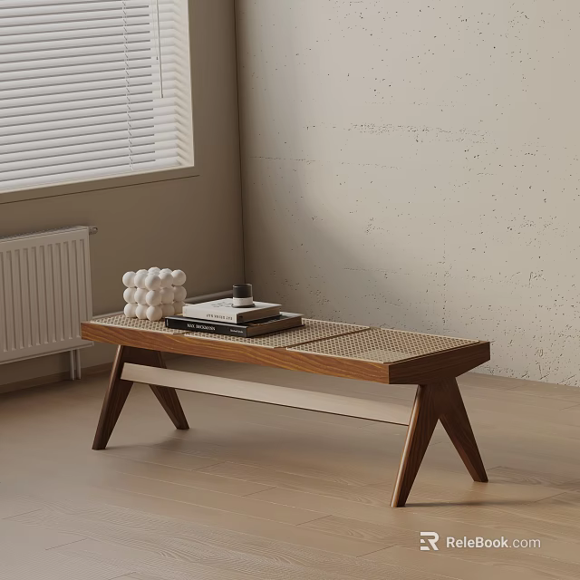 Minimalist Wooden Sofa Bench With Woven Seat Books And White Decor By Window Blinds 3d model 