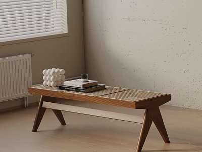 Minimalist Wooden Sofa Bench With Woven Seat Books And White Decor By Window Blinds 3d model