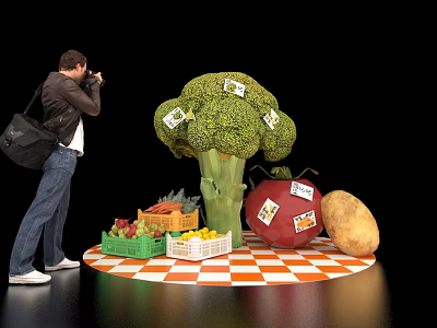 Photographer Taking Photos Of Giant Broccoli And Other Vegetables On Checkered Stand 3d model