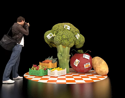 Photographer Taking Photos Of Giant Broccoli And Other Vegetables On Checkered Stand 3d model