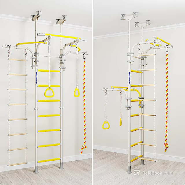 Indoor Playground Equipment With Yellow Ladder Rings Ropes And Metal Frame For Kids Climbing 3d model 