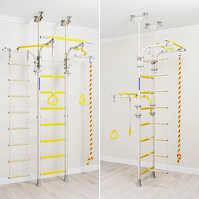 Indoor Playground Equipment With Yellow Ladder Rings Ropes And Metal Frame For Kids Climbing 3d model